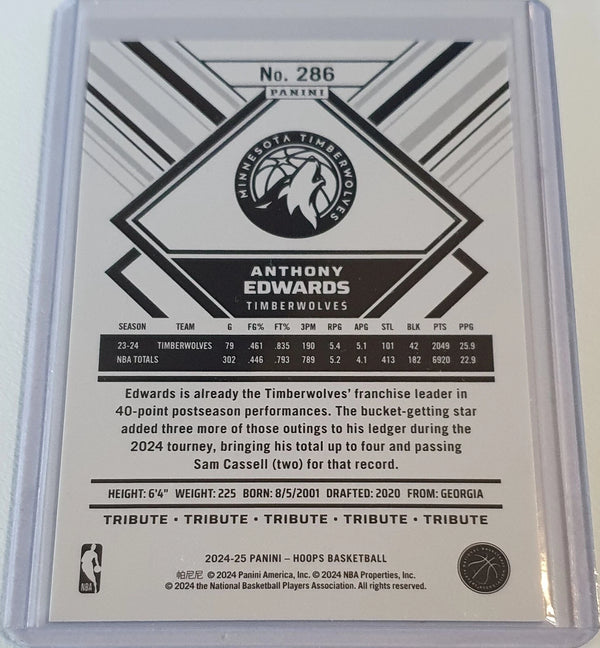 2024 Panini NBA Hoops Anthony Edwards #286 SILVER /199 Holo Tribute - Rare