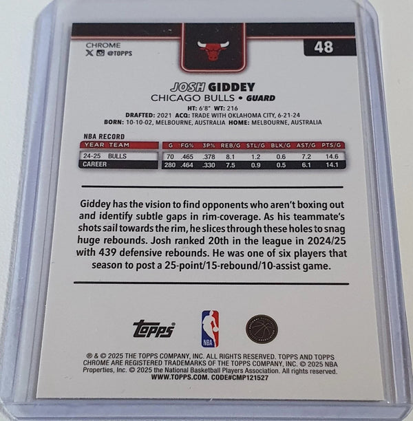 2025 Topps Chrome Josh Giddey #48 RAYWAVE YELLOW /275 Refractor (Bulls) - Rare