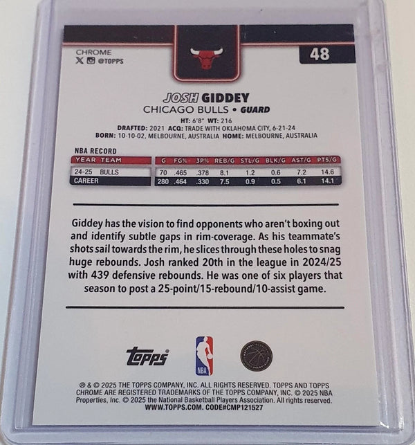 2025 Topps Chrome Josh Giddey #48 PURPLE BASKETBALL /75 Refractor (Bulls) - Rare