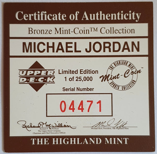 1995 Upper Deck Highland Mint Michael Jordan BRONZE Mint Coin /25000 - With COA