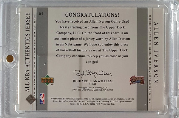 2002 Upper Deck Honor Roll Allen Iverson #PATCH Game Worn Jersey - Rare