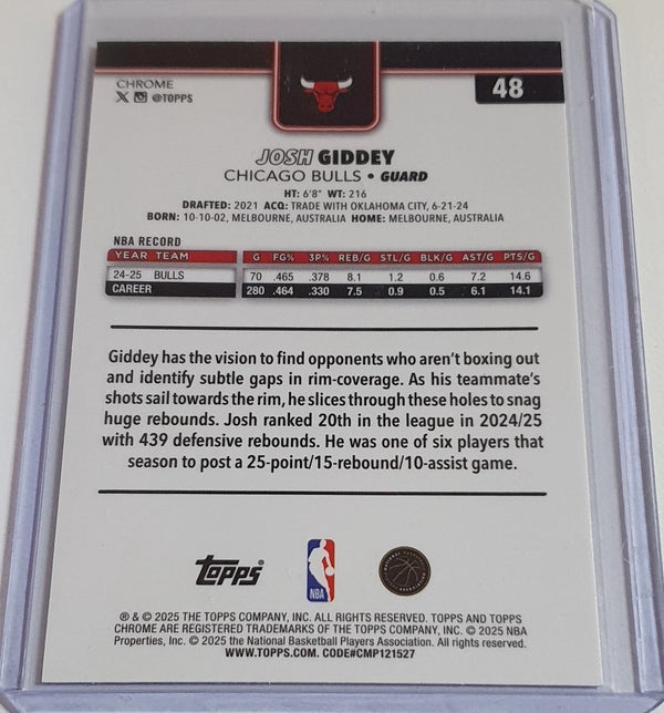 2025 Topps Chrome Josh Giddey #48 PURPLE WAVE /75 Refractor (Bulls) - Rare