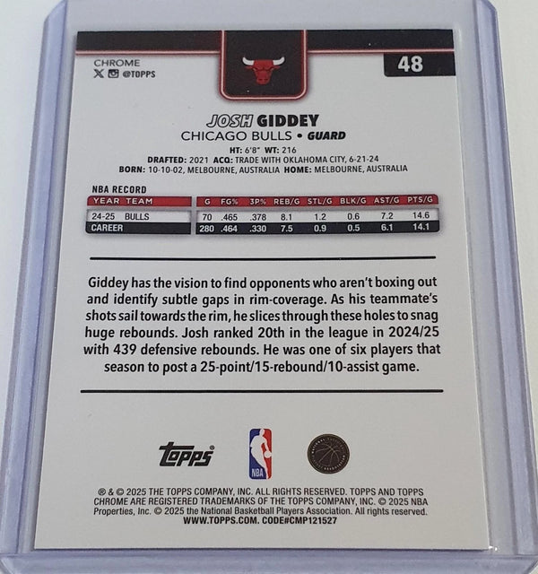2025 Topps Chrome Josh Giddey #48 PURPLE /75 Refractor (Bulls) - Ready to Grade