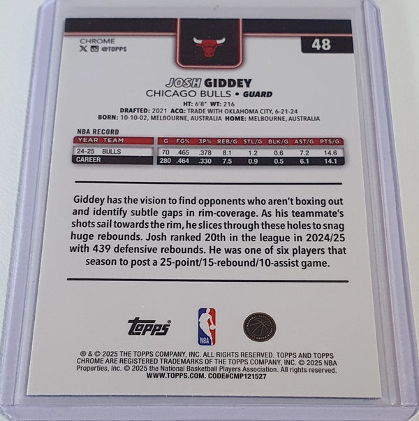 2025 Topps Chrome Josh Giddey #48 RAYWAVE BLUE /150 Refractor (Bulls) - Rare