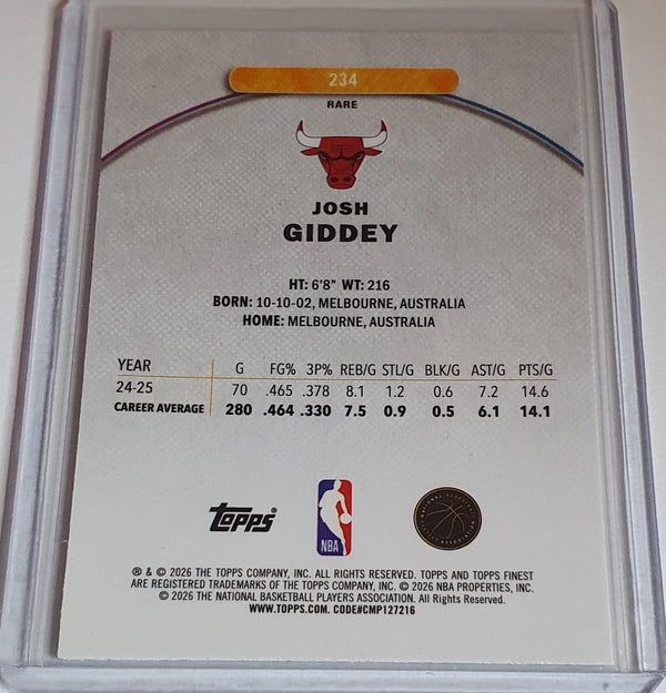 2025 Topps Finest Josh Giddey #234 RARE SKY BLUE /150 Refractor (Bulls) - Rare