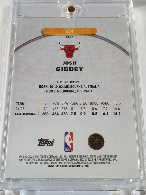 2025 Topps Finest Josh Giddey #234 RARE BLUE /99 Refractor (Bulls) - Rare