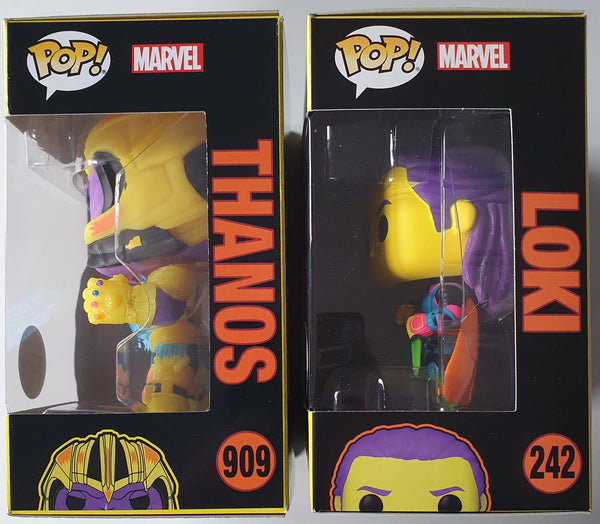 Lot of 2 x Marvel Thanos + Loki Funko BLACK LIGHT Special Figures + Protectors
