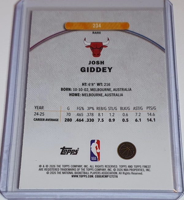 2025 Topps Finest Josh Giddey #234 RARE PURPLE X-FRACTOR /75 (Bulls) - Rare