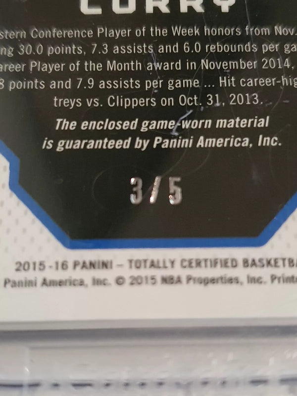 2015 Totally Certified Stephen Curry #PATCH GREEN /5 Game Worn 2 Color Jersey