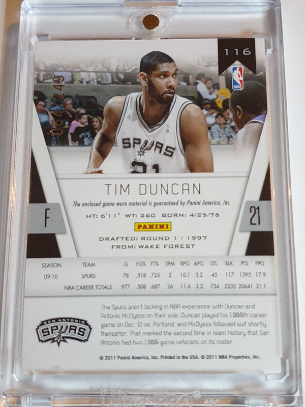 2011 Totally Certified Tim Duncan #PATCH RED /249 Game Worn Jersey - Rare