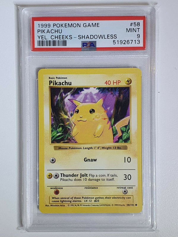 1999 Pokemon Pikachu 58/102 Shadowless WOTC Yellow Cheeks - PSA 9