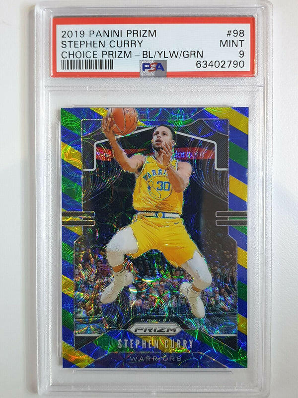 2019 Prizm Stephen Curry #98 CHOICE Blue Yellow Green Prizm - PSA 9 (Low POP)