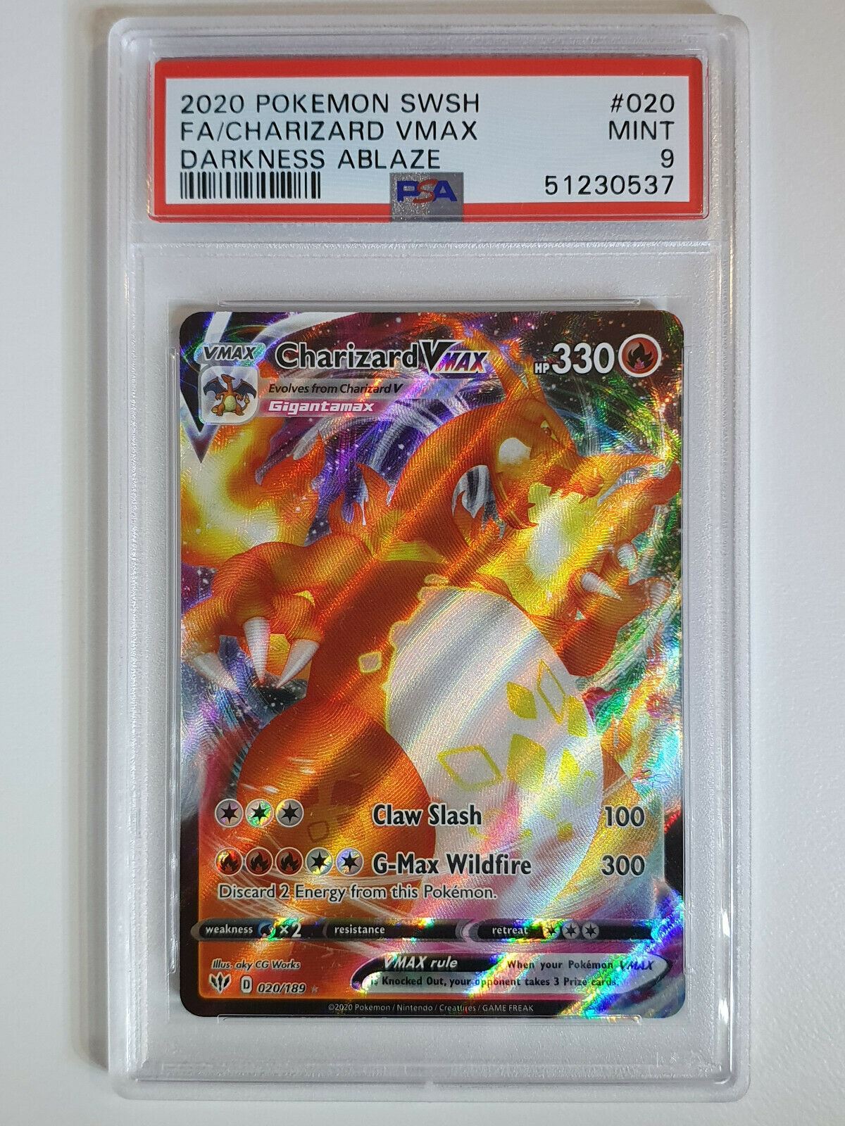 2020 Pokemon Charizard Vmax 020/189 Darkness Ablaze Full Art - PSA