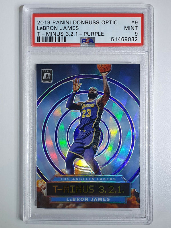 2019 Donruss Optic Lebron James #9 T-Minus 3-2-1 PURPLE Prizm - PSA 9