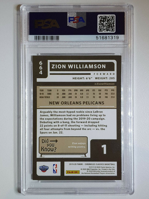 2019 Panini Chronicles Zion Williamson Rookie #664 Classics - PSA 9