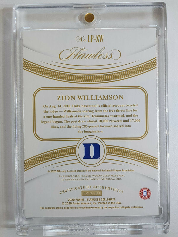 2019 Flawless Zion Williamson Rookie Patch #GOLD /10 (Two Color Game Worn) - GEM