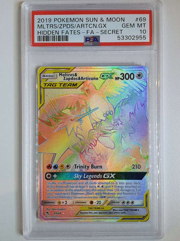 2019 Pokemon Moltres Zapdos Articuno GX 69/68 SECRET Hidden Fates - PSA 10