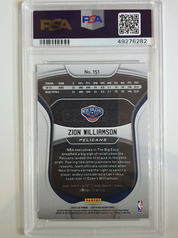 2019 Panini Certified Zion Williamson Rookie #151 MIRROR BLUE Prizm - PSA 9