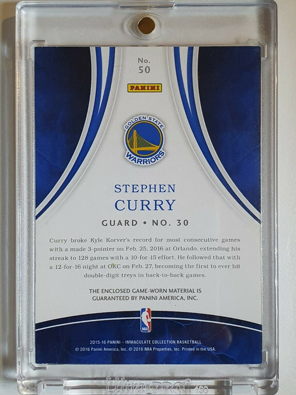 2015 Immaculate Stephen Curry #PATCH Memorabilia /99 Game Worn Jersey