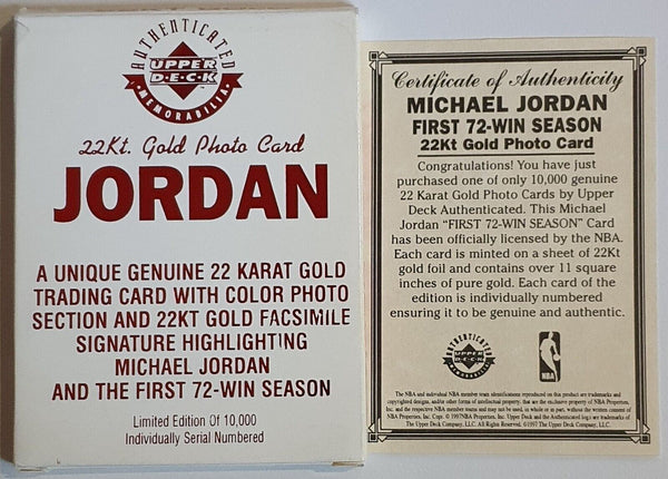 1996 Upper Deck Michael Jordan 22K GOLD CARD First 72-Win Season - Rare
