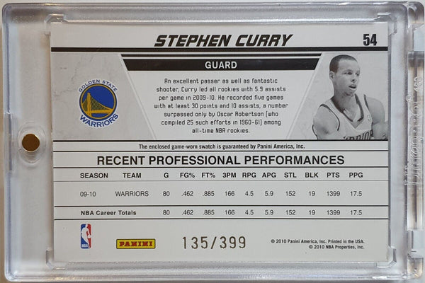 2010 Panini Donruss Stephen Curry #PATCH /399 Production Line Jersey - Rare