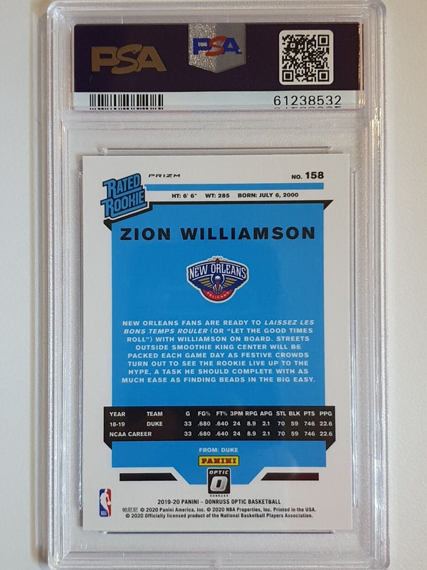 2019 Donruss Optic Zion Williamson Rookie #158 BLUE VELOCITY Prizm - PSA 9