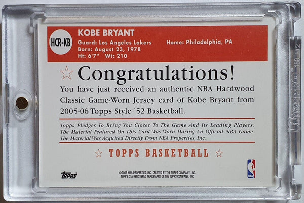 2005 Topps Kobe Bryant #PATCH Game Worn Jersey Hardwood Classics - Rare