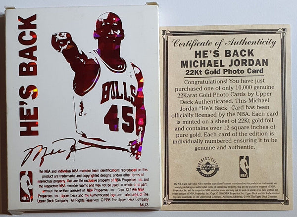 1996 Upper Deck Michael Jordan 22K GOLD CARD He's Back - Rare