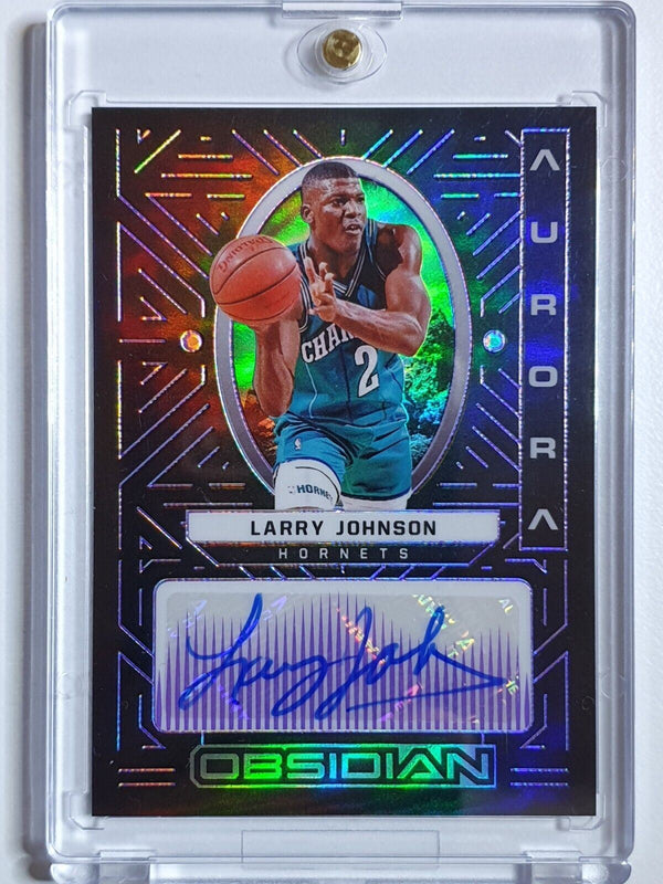 2021 Panini Obsidian Larry Johnson AUTO PURPLE /75 Aurora Authographs  -  Rare