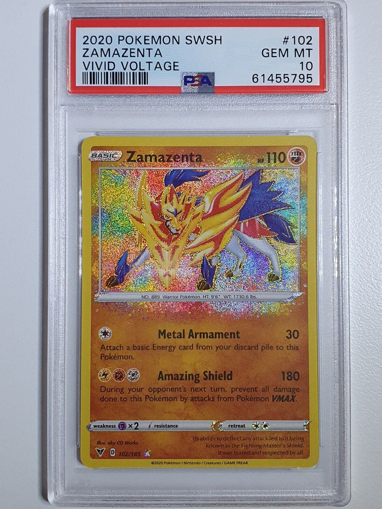 2020 Pokemon Zamazenta 102/185 AMAZING RARE Vivid Voltage - PSA 10 Perfect Edges Cards 2020 Pokemon Zamazenta 102/185 AMAZING RARE Vivid Voltage - PSA 10 Perfect Edges Cards