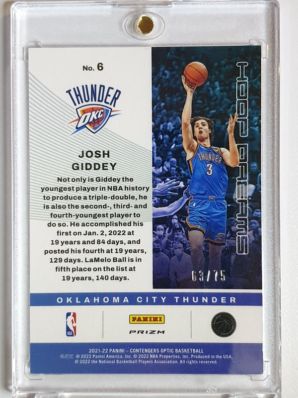 2021 Contenders Optic Josh Giddey Rookie #6 BLUE CRACKED ICE /75 Prizm RC - Rare