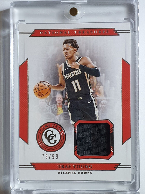 2019 Panini National Treasures Trae Young #PATCH /99 Game Worn 2 Color Jersey