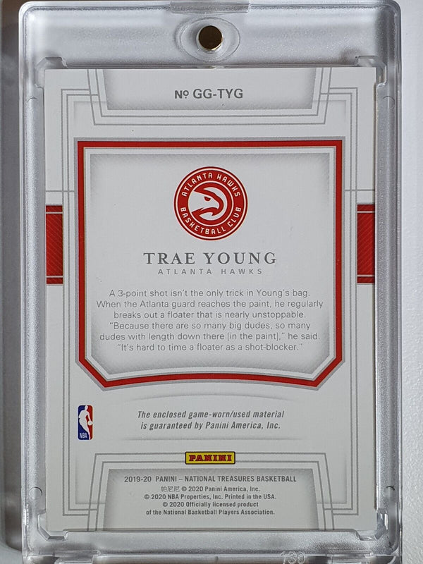 2019 Panini National Treasures Trae Young #PATCH /99 Game Worn 2 Color Jersey