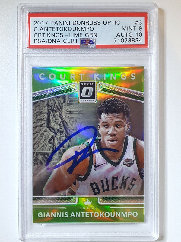 2017 Optic Giannis Antetokounmpo AUTO LIME GREEN /149 Holo Court Kings - PSA 9