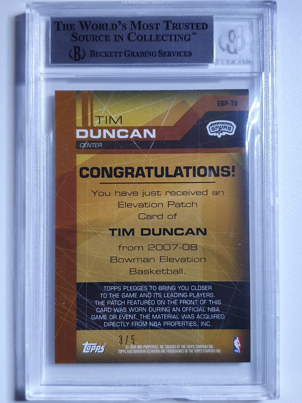 2007 Bowman Elevation Tim Duncan #PATCH GREEN /5 Game Jersey  - BGS 9 (POP 1)