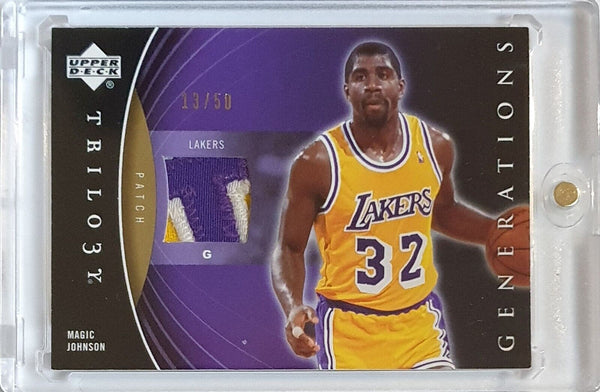 2006 Upper Deck Trilogy Magic Johnson #PATCH PRIME /50 Game Worn 3 Color Jersey