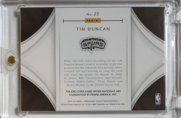 2015 Immaculate Collection Tim Duncan #PATCH /75 Game Worn Dual Jerseys - Rare