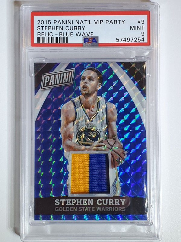 2015 Panini National Stephen Curry #PATCH BLUE WAVE /10 Prizm - PSA 9 (POP 1)