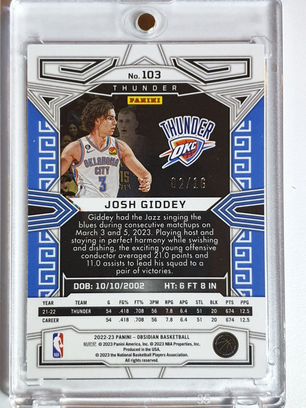 2022 Obsidian Josh Giddey #103 ELECTRIC ETCH BLUE FLOOD /16 Holo FOTL - Rare