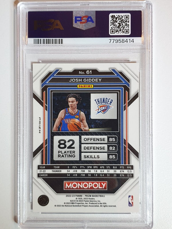 2022 Panini Prizm Monopoly Josh Giddey #61 MONOPOLY BLACK Holo - PSA 9 (POP 5)