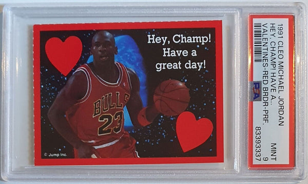 1989 Cleo Michael Jordan Valentines Hey, Champ! Red Border Perforated - PSA 9